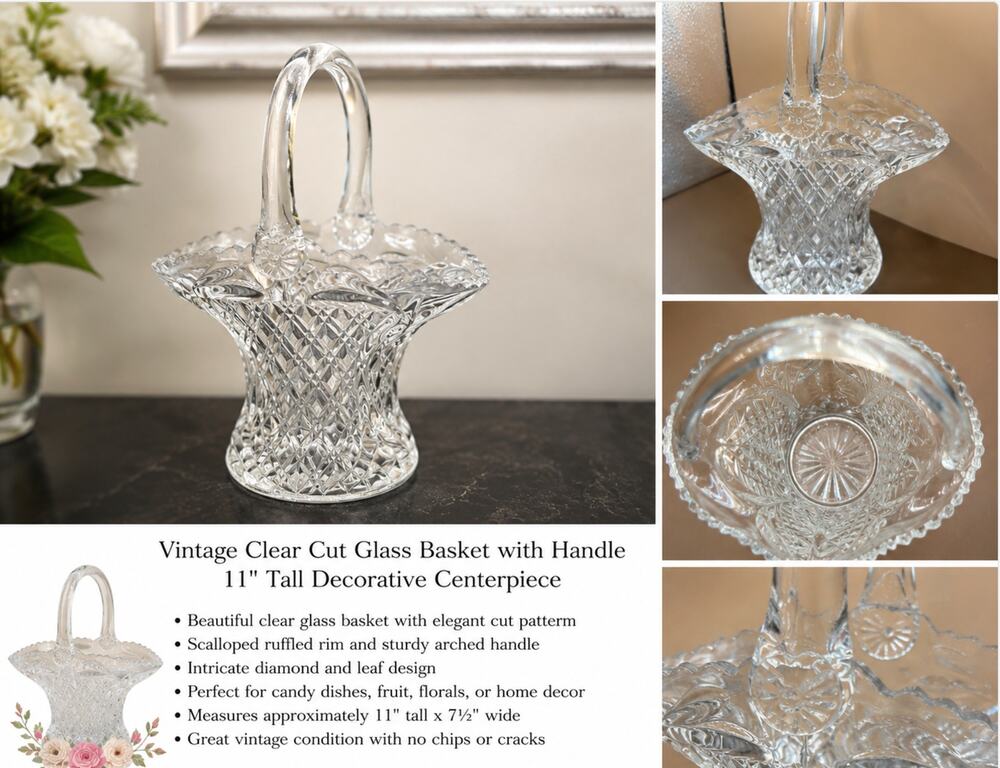 Vintage Clear Cut Glass Basket with Handle 11 Inch Decorative Centerpiece